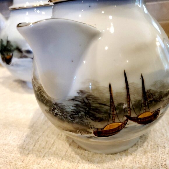 RARE Vintage Kutani Scene Mt Fuji River Boats Hand Painted Pitcher Set with Lids - Picture 8 of 8